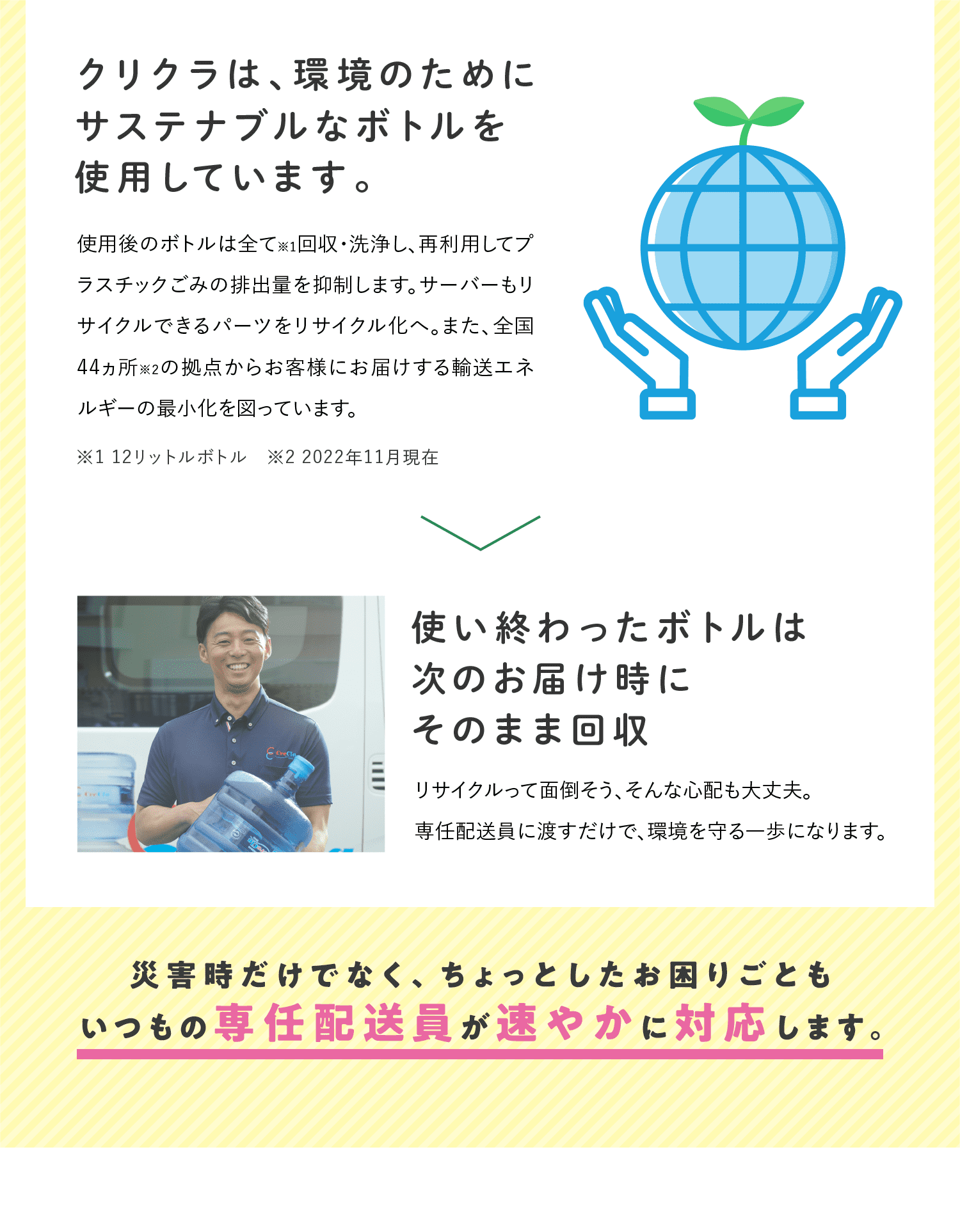 クリクラは、環境のためにサステナブルなボトルを使用しています。使い終わったボトルは次のお届け時にそのまま回収。災害時だけでなく、ちょっとしたお困りごともいつもの専任配送員が速やかに対応します。