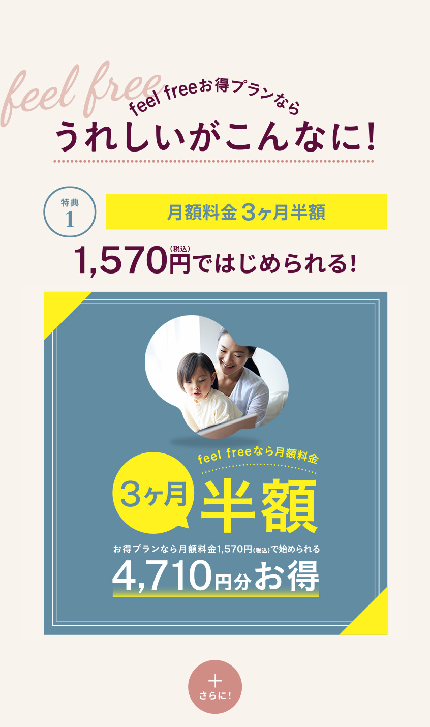 feel free お得プランならうれしいがこんなに！特典1　月額料金3ヵ月半額